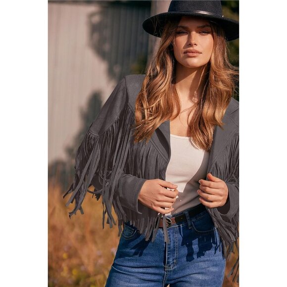 Women's Silver Grey Fringe Faux Suede Leather Tassel Motorcycle Cropped Jackets - Picture 8 of 9